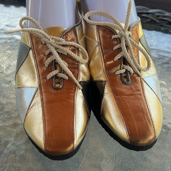 Siamanto Vintage Glam Art Deco Metallic Patchwork Leather Lace-Up Flats Size 8 - Picture 8 of 9